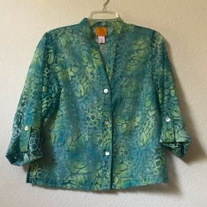 Ruby Rd. Blue Green Shimmering Sheer Button Down Rolled Tab Shirt Top Size 6P
